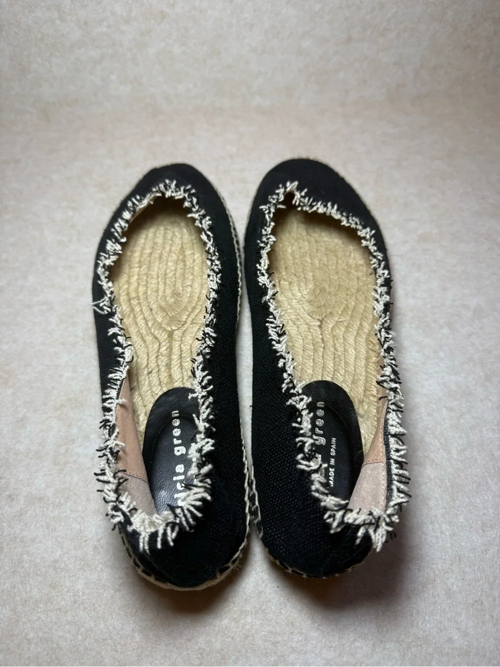 Patricia Green Black Tan Espadrille Mules Flats Loafers Frayed Trim Size US 10
